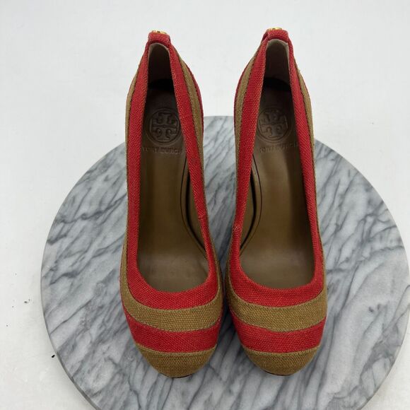 Tory Burch Joelle Platform Pump Womens 8 Linen Patchwork Wood Heel Round Toe - Picture 6 of 11